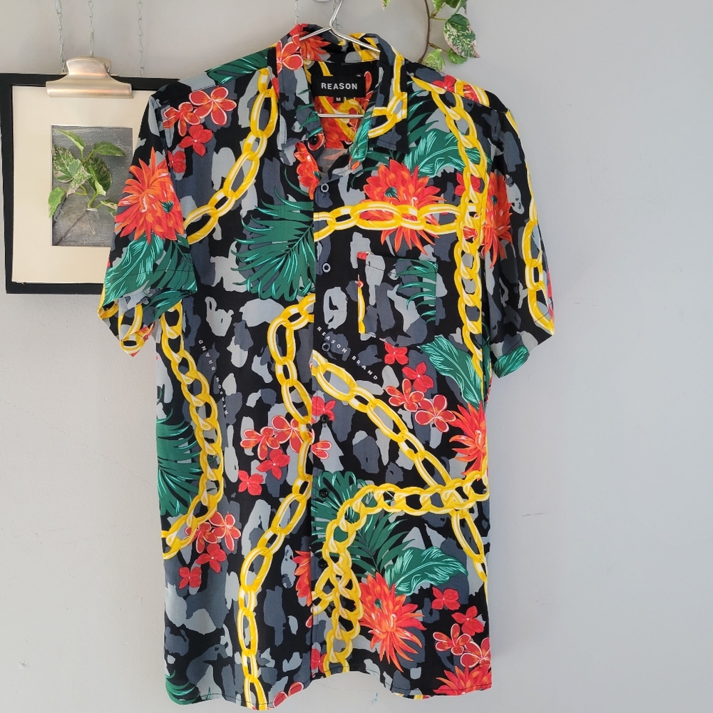 Reason Men’s Floral Chain Print Button Up Short Sleeve Shirt M